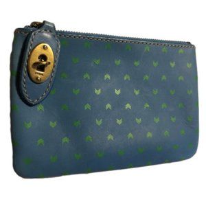 FOSSIL Leather Cosmetic Bag Pouch Austin Blue Print w Green Arrows Keyhole Lock